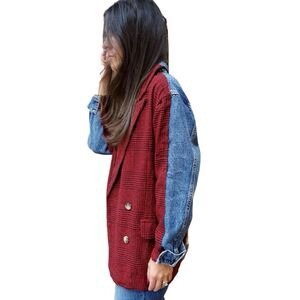 SIGNATURE8 TWEED & Denim JACKET Red & Black Plaid Size Small Oversized Fit